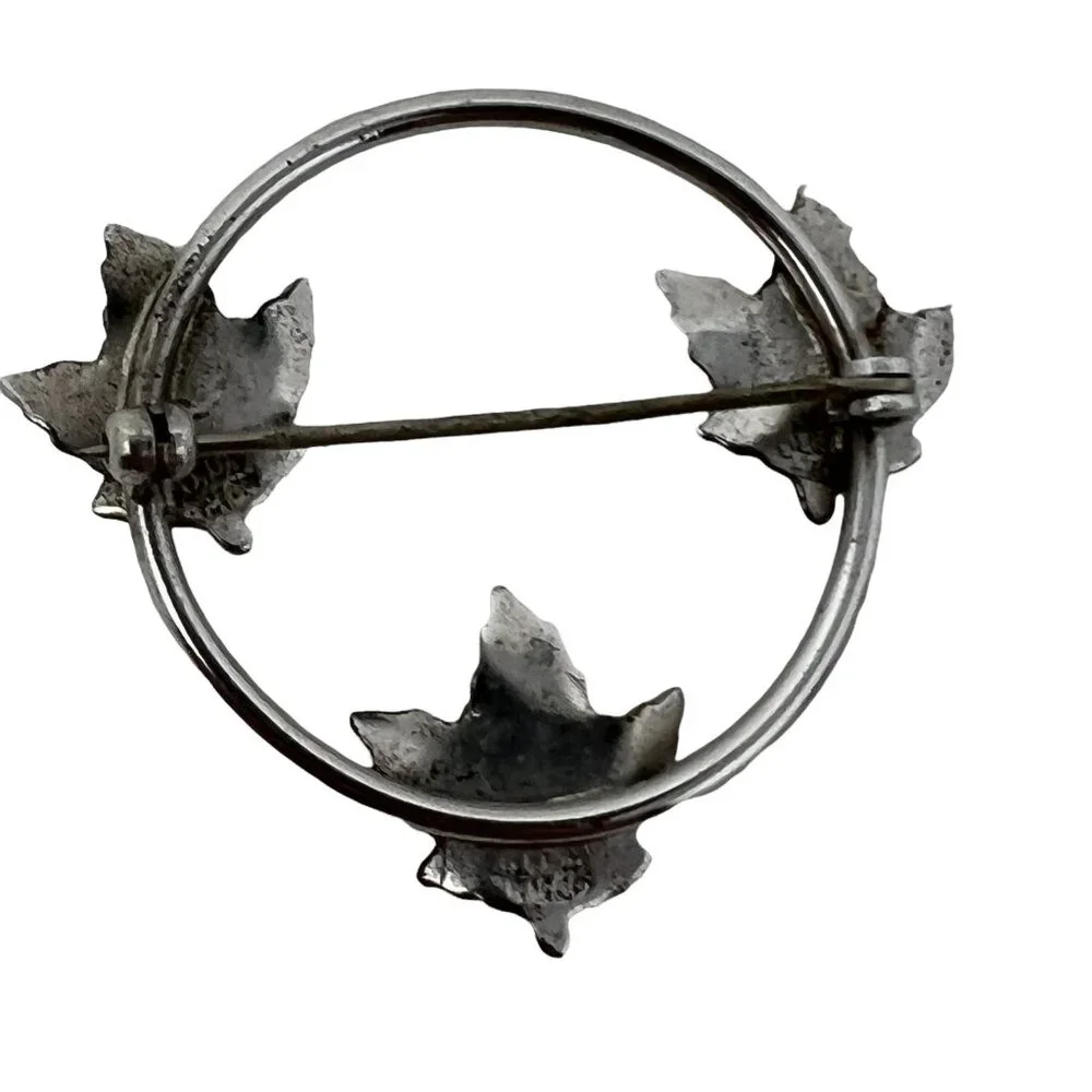 EMC Brooch Circle Maple Leaf Silver Tone Vintage Signed Pin‎